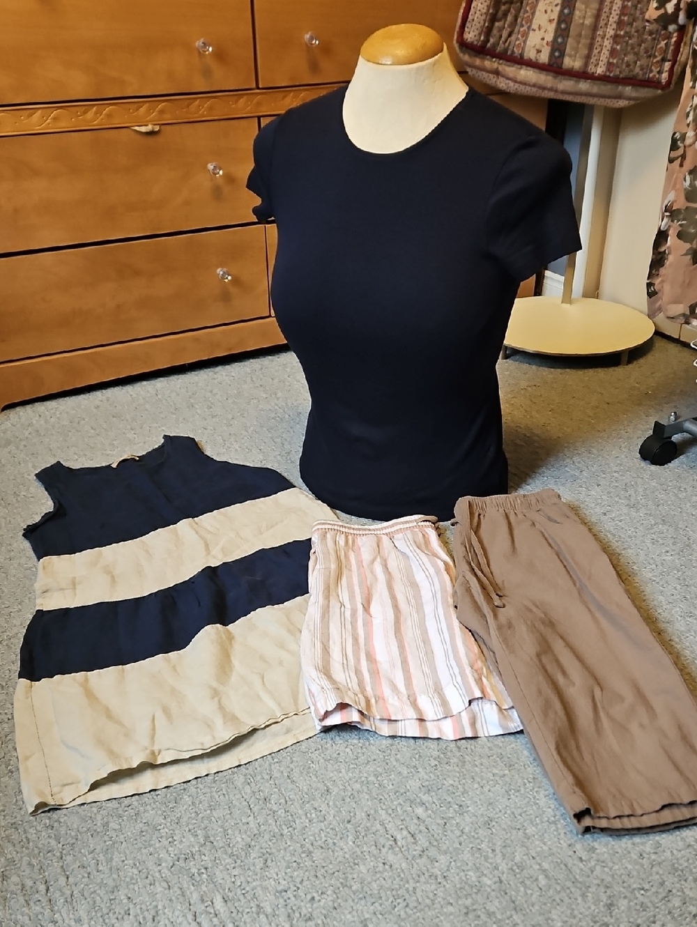 Navy Sleeveless Midi Linen Dress - Classic Crew Neck Shorts And Capri Sz Small